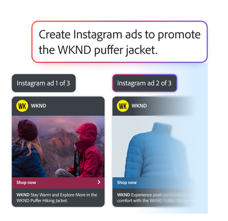 Two Instagram ads for puffer jackets, one with hikers, one with a blue jacket.