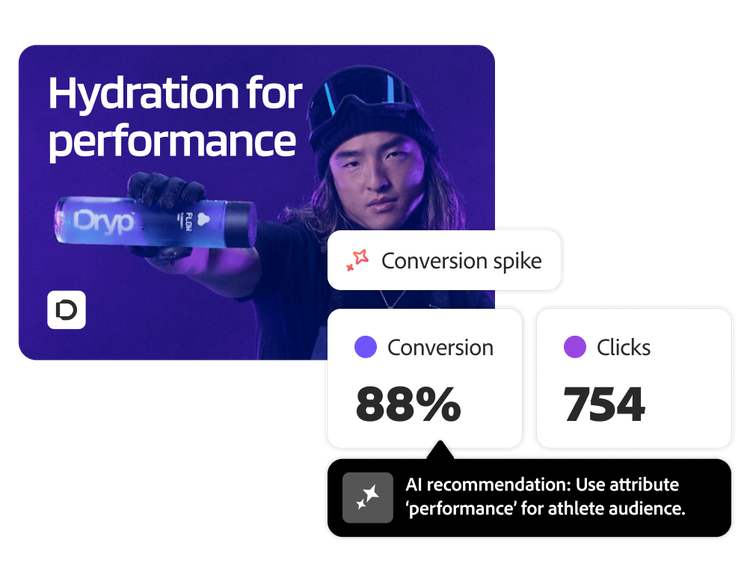 Ad for an athletic drink with AI recommendations based on conversion metrics.