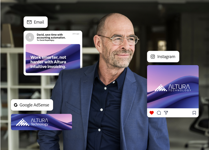 A customer with a technology ad displayed across different engagement channels