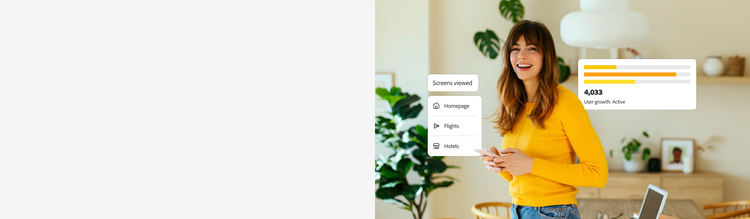 Happy customer with her browsing history and a chart of user growth