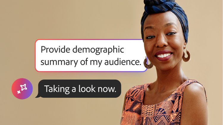 Person in patterned dress with AI speech bubbles saying, Provide demographic summary of my audience and Taking a look now.