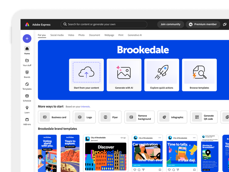 City government brand home screen in Adobe Express