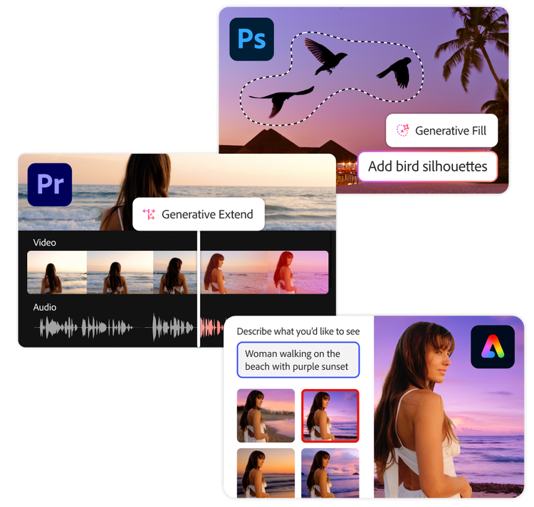 User interfaces for Adobe Photoshop, Adobe Premiere Pro and Adobe Express, each using AI-generated assets.