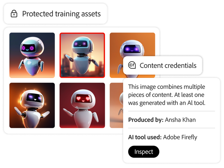 A set of protected training assets featuring six robots tagged with content credentials stating who created the content and what AI tool was used.