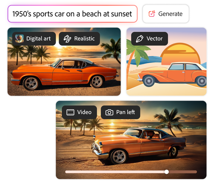 Two AI-generated images and one video of a 1950s orange sports car on a beach at sunset, topped with the prompt used to generate them.