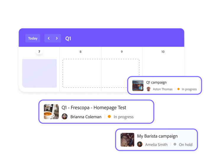 Adobe Workfront planning view showing separate marketing campaigns with owner and status information laid out over a calendar timeline.