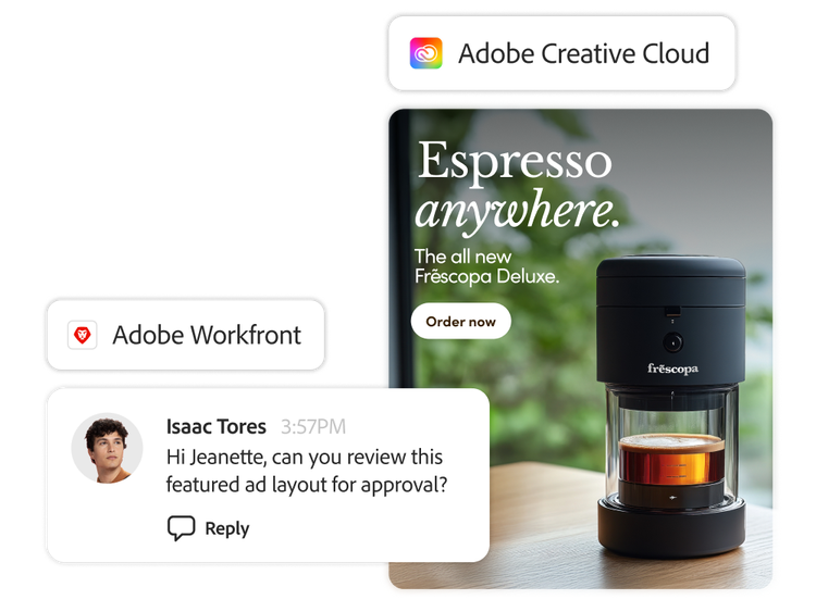 Expresso machine ad concept shared through Workfront for approval
