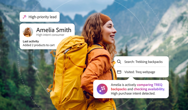 An outdoor scene of a female hiker wearing a yellow jacket and carrying a backpack, overlaid with UI cards highlighting customer insights for "Amelia Smith" as a high-priority lead.