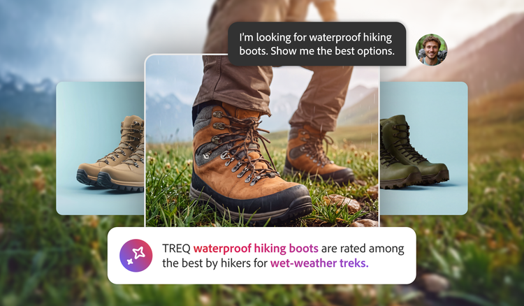 An AI interface showing a user query for waterproof hiking boots alongside boot images and an AI recommendation for TREQ boots.