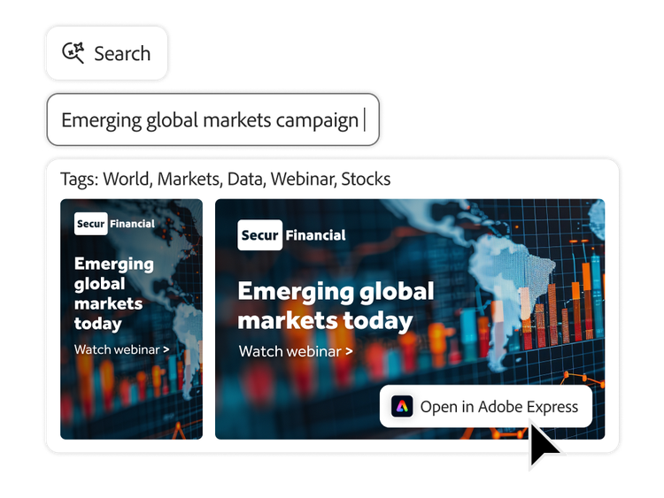 Una búsqueda con tecnología de IA identifica imágenes etiquetadas para un anuncio financiero que se está creando en Adobe Express