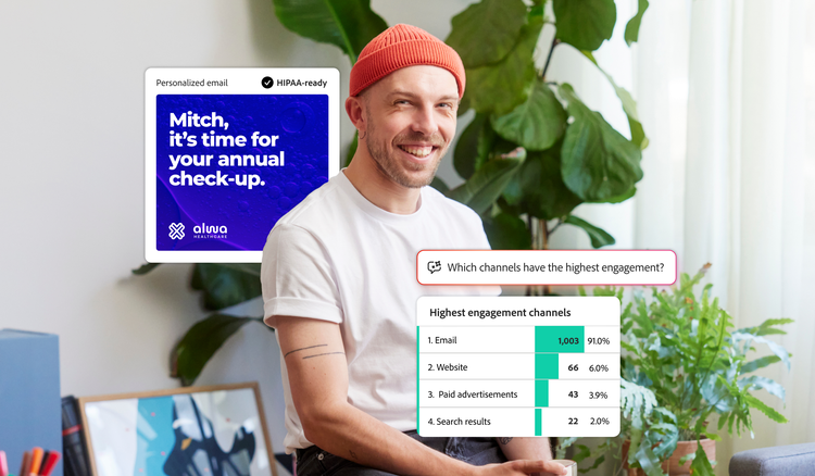 Paciente con un correo electrónico personalizado y un gráfico que muestra las métricas de participación por canal generadas por la IA