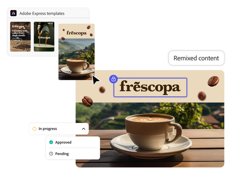 Proyecto de marca de Frēscopa en Adobe Express y proceso de aprobación en curso con Adobe Workfront
