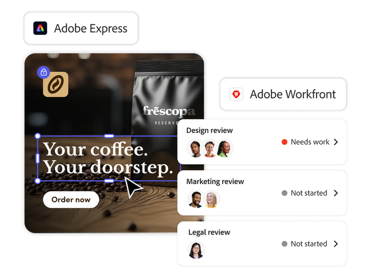 Revisión del diseño de un anuncio de café y seguimiento del estado en Adobe Workfront