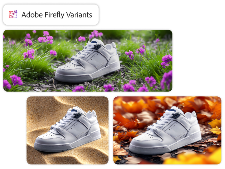 Drei Variantenbilder eines weißen Sneakers, jeweils mit einem anderen Hintergrund.