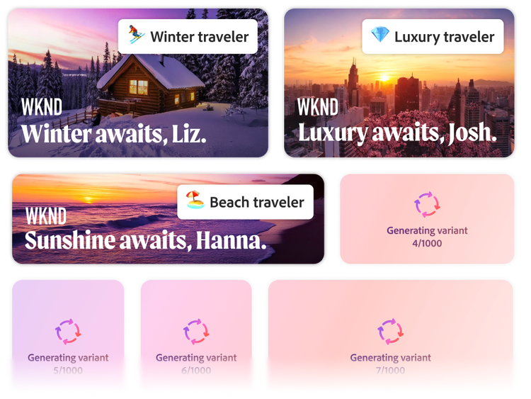 Generative KI erstellt Varianten von Social-Media-Posts mit Hintergründen, um Reisende anzusprechen, die an Winterurlaub, Luxusurlaub oder Strandurlaub interessiert sind.