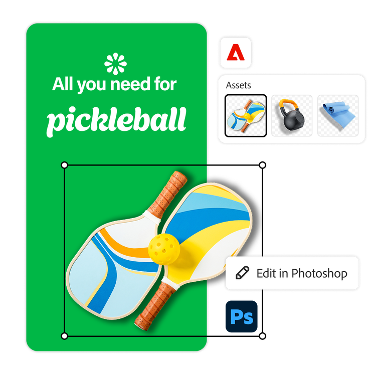Benutzeroberfläche von Adobe Express mit einem anhand vorhandener Assets erstellten Bild von zwei Pickleball-Schlägern und einem Ball, das in Photoshop bearbeitet wird.