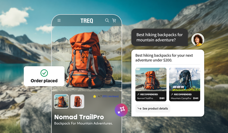 An mobile app interface displaying hiking backpack recommendations, showing a product detail page for the Nomad TrailPro backpack next to a chat prompt and recommendation card.