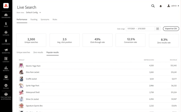 Adobe Commerce live search reporting