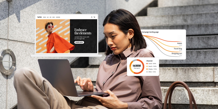 A woman in a tan outfit sitting on stairs outside while using a laptop, overlaid with a webpage and some marketing metric charts