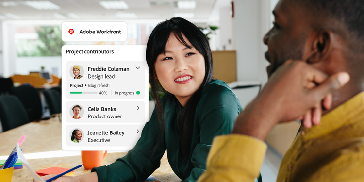 Man and woman sitting at a desk in an office. Overlays include an Adobe Workfront UI element with list of project contributors.