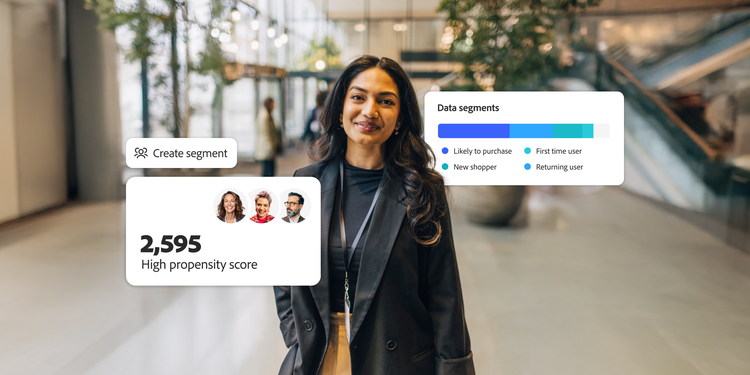 Woman in building lobby with a text box for the create segment task, a text box for high propensity score with 2,595 and a text box with data segments.