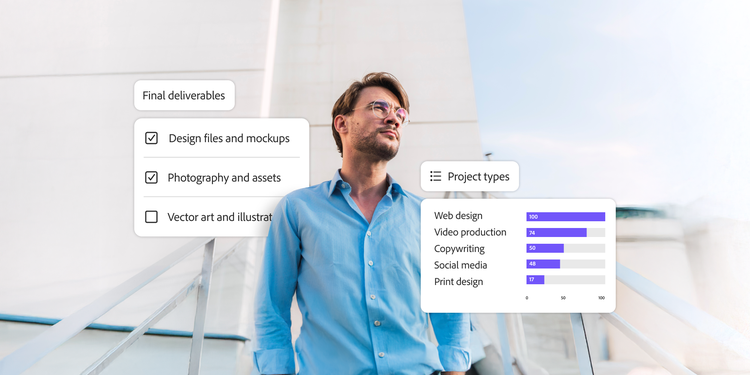 Man with overlay showing final deliverables and popular project types like web design and video production.