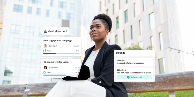 Woman sitting outside. Overlays include goal alignment updates including project progress status. Second overlay includes OKR objectives one and two.