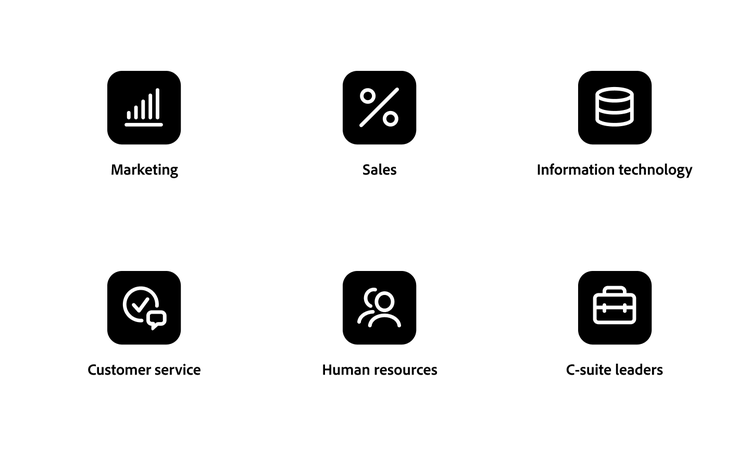 Graphic illustrating performance categories across a business, including marketing, sales, IT, customer service, HR and C-suite leadership.