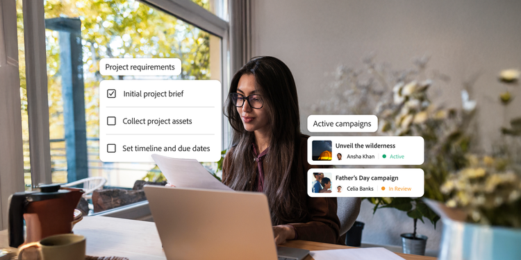 A woman sitting by a large home office window looks at business papers, while a floating application modal with a list of project requirements shows Initial project brief tick, while two other tasks remain unchecked. Another modal shows two active campaigns.