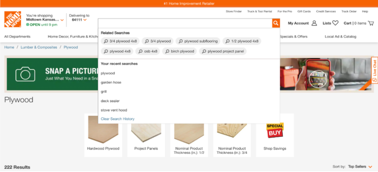 Home Depot's personalised search bar