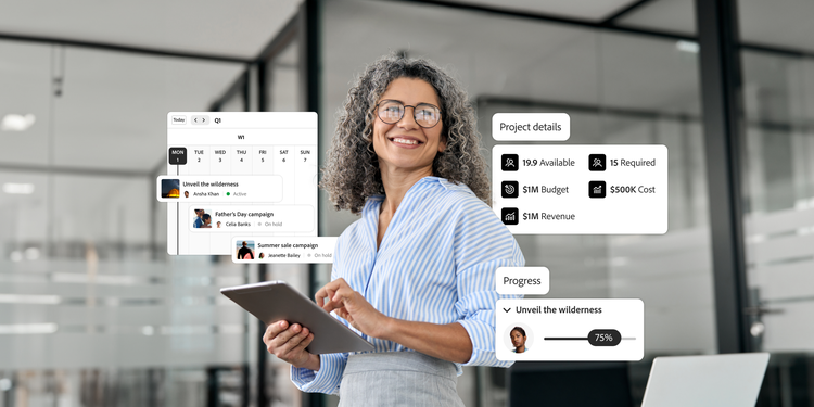 A marketer using a project management tool to track various campaigns and their project details.
