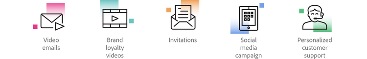Icons showing the ways to use personalised video including emails, brand loyalty videos, invitations, social media and personalised customer support.