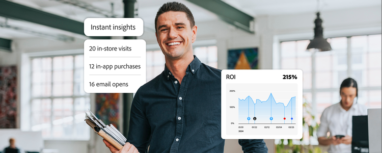 A man in a dark shirt in an office, overlaid with B2B marketing data and charts.