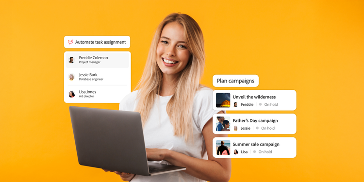 Marketer using critical path method to assign tasks and plan campaigns with team members.