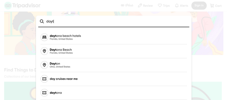 Tripadvisor auto-complete search results
