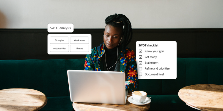 Woman using a laptop, sitting in a cafe. Overlaid with SWOT analysis chart and a SWOT checklist.