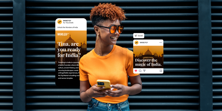 A woman in an orange t-shirt stands in front of a dark wall. The image is overlaid with a promotional email from WKND FLY and a social media post using a different variation of the same image.
