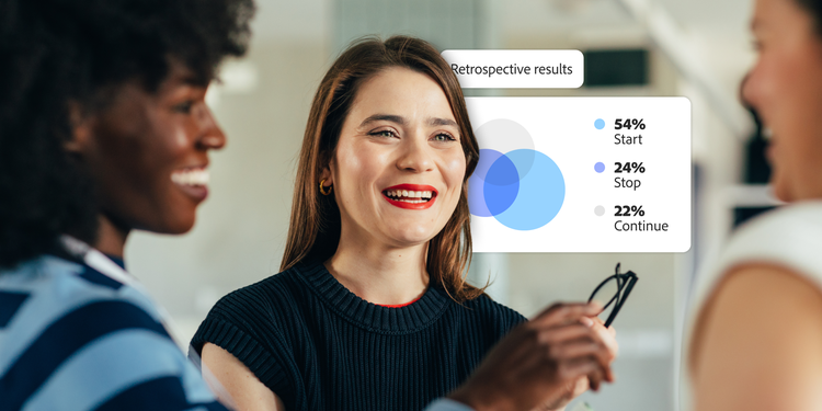 Three women having a conversation. Overlaid with a chart showing retrospective results.