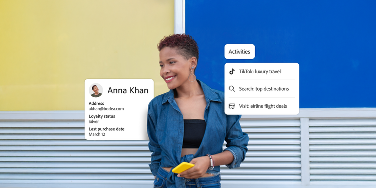 Woman holding phone with customer profile and activity data overlays, highlighting personalised travel interests.