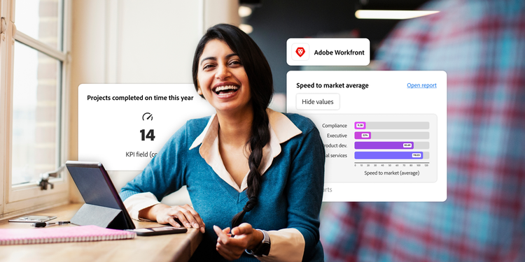 A smiling woman seated by a window in an office, working with a tablet and notebook. Floating graphics around her display project management data from Adobe Workfront, including the number of projects completed on time and a comparison of speed-to-market averages across different teams.
