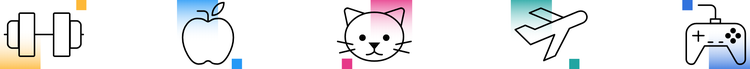 A fitness weight icon, an apple icon, a cat icon, an aeroplane icon and a video game controller icon.