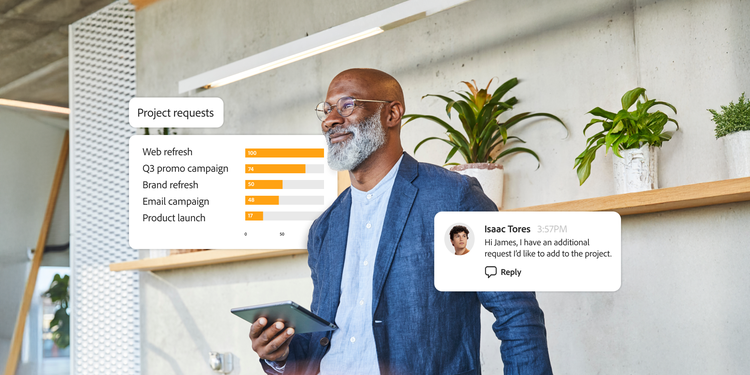 A smiling man with glasses and a grey beard stands in a modern office holding a tablet, looking confident. Floating graphics next to him display project requests with progress bars for tasks like web refresh, promo campaign and email campaign. A pop-up chat message from a coworker named Isaac Torres appears, asking to add another request to the project.