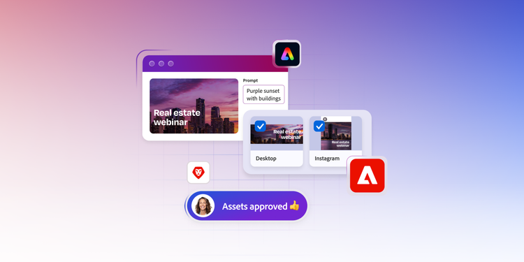 Digital workflow illustration showing a purple sunset cityscape labelled 'Real estate webinar,' with approved desktop and Instagram designs. A notification reads 'Assets approved' with a thumbs-up emoji, set on a gradient purple-to-blue background.