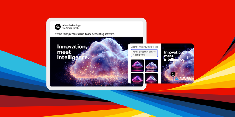 “A screen shows a marketing email with a purple sparkly cloud, while a smaller screen shows the image being created with AI capabilities within Adobe Marketo Engage.”
