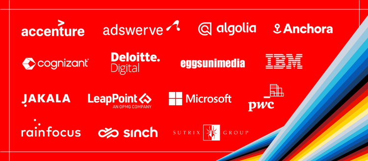 Multiple brand logos for the Adobe Digital Experience Partner Awards winners set against a red background.
