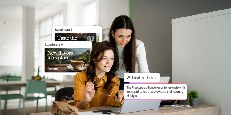 Two women lean into a laptop as popups around them show an experiment on two coffee ads and generated experiment insights from Adobe Journey Optimizer Experimentation Accelerator.