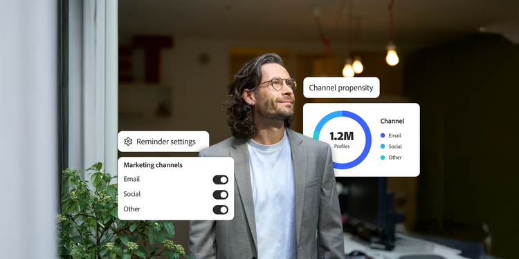 Man wearing a suit jacket standing outside. Overlaid with reminder settings for marketing channels and a channel propensity chart.