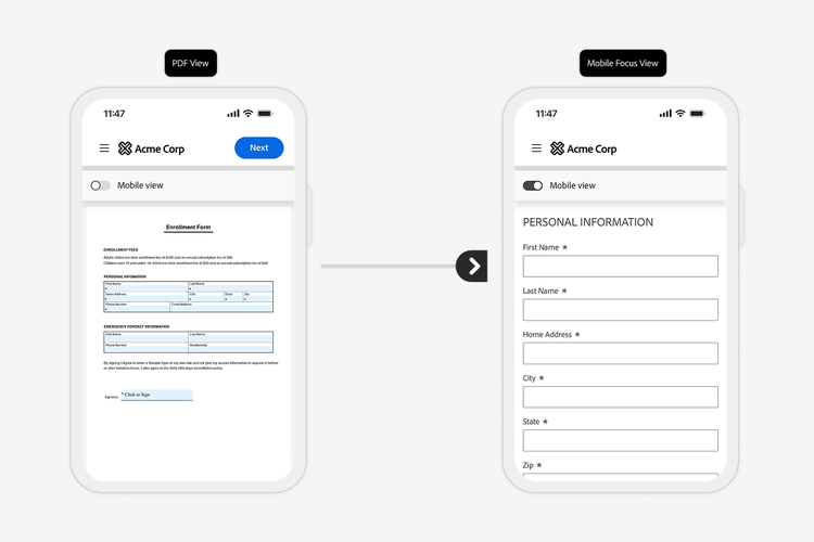 Acme Corp form converted from PDF view to mobile-friendly view.
