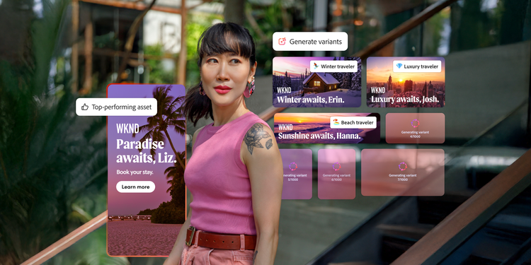 Image of a woman holding a tablet. Overlayed with digital media assets for WKND brand with different variations and sizes for different channels.