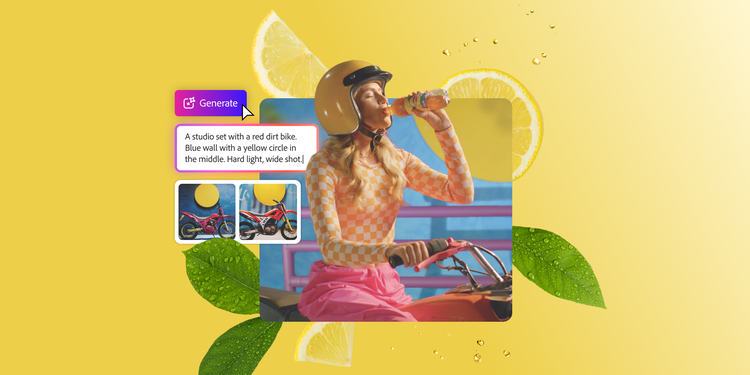 An image of a woman on a motorcycle drinking Lipton’s Iced Tea is generated from an AI prompt requesting a studio set with a red dirt bike, blue wall with a yellow circle in the middle, hard light, wide shot.